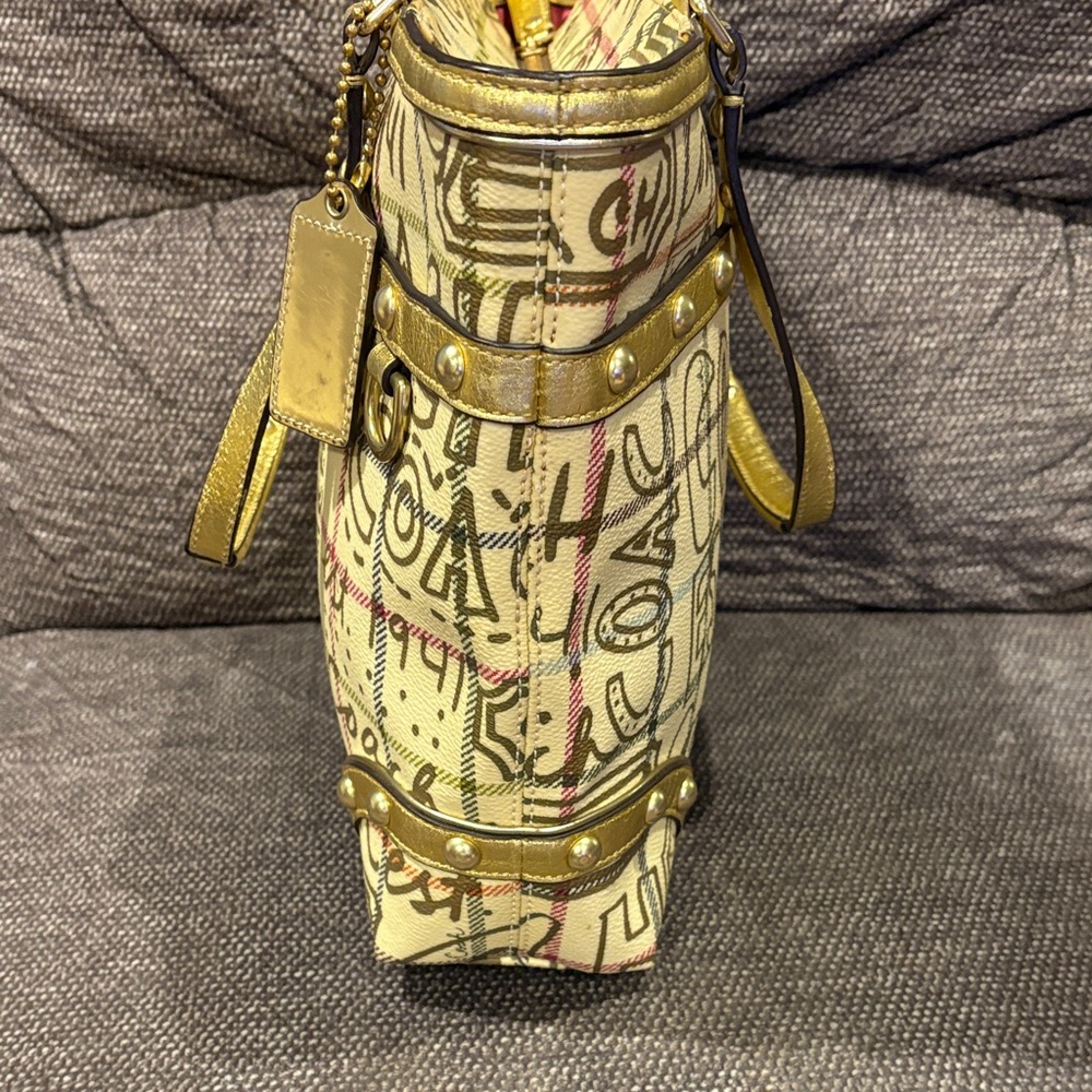 Coach Heritage Tattersall Graffiti Gold Tote Bag - Picture 5 of 12